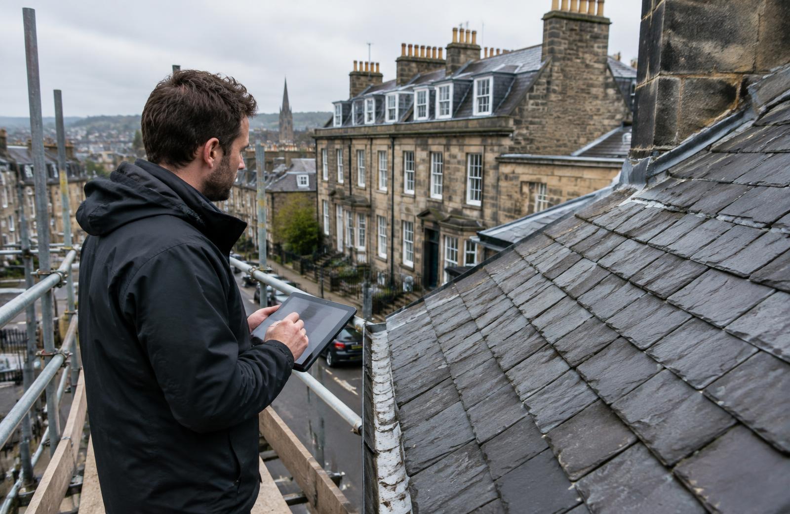 Surveyor inspecting a slate roof